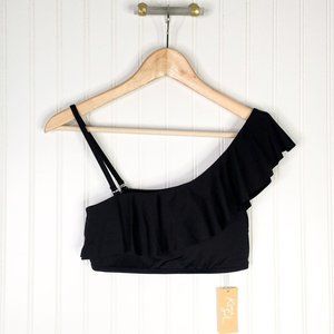 Kona Sol Womens Bikini Swim Top Black Stretch Asymmetric Neck Lined Ruffle S New